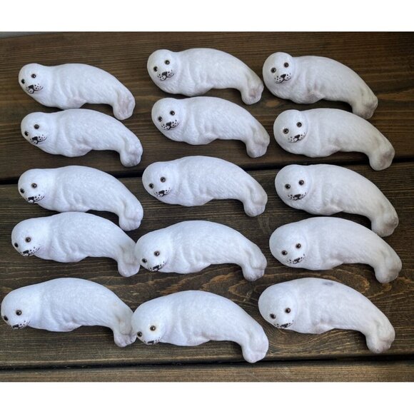 Vintage Flocked Seals White Hong Kong Fuzzy 3.5" figures NOS Decor lot of 15 - Picture 1 of 15